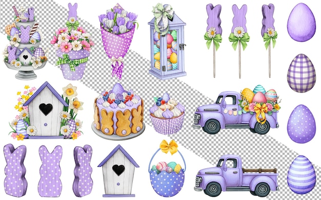 PSD watercolor hand drawn easter goodies