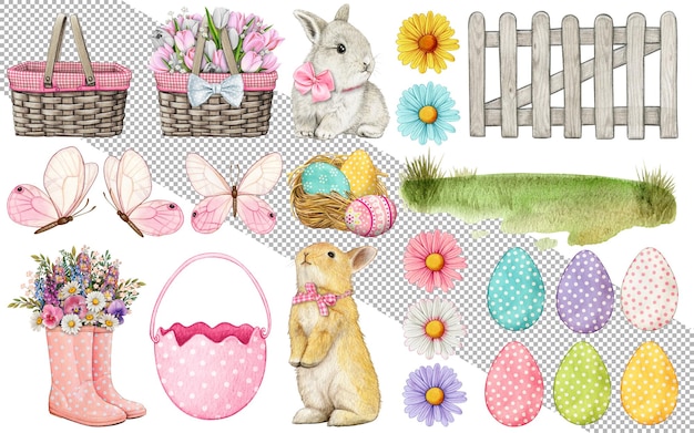 PSD watercolor hand drawn easter themed elements