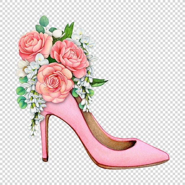 水彩の手描きの花の結婚式の靴