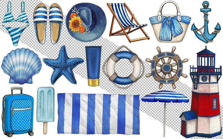 PSD watercolor hand drawn seaside themed icons