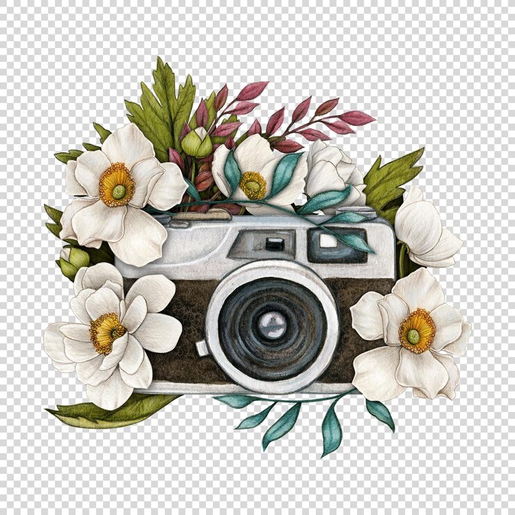 PSD акварель рисованной старинный фотоаппарат с цветочным декором