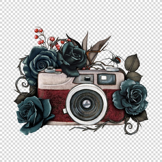 watercolor hand drawn vintage camera with floral decoration