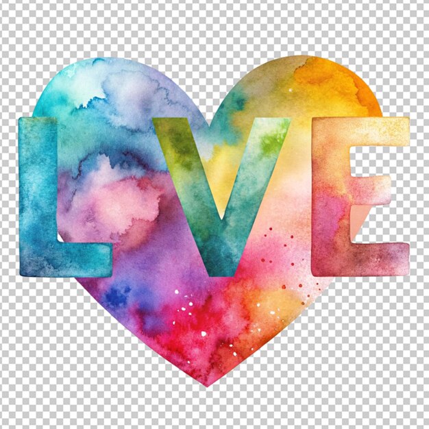 Watercolor heart background with love inscription on it isolated on alpha layer png