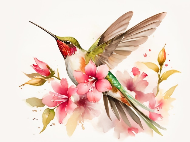 PSD watercolor hummingbird fly on the flower