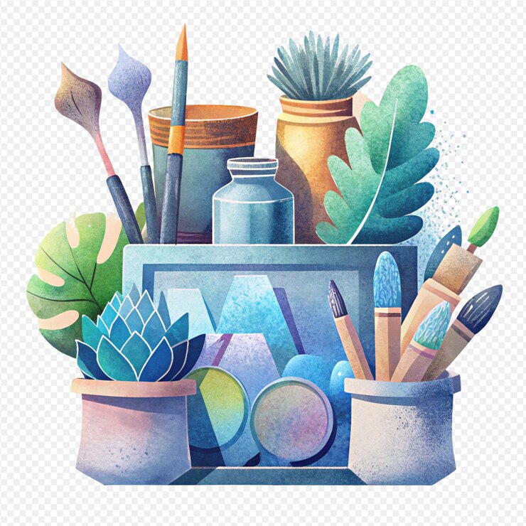 PSD watercolor illustration artists workspace paint brushes in jars watercolor palette wooden box