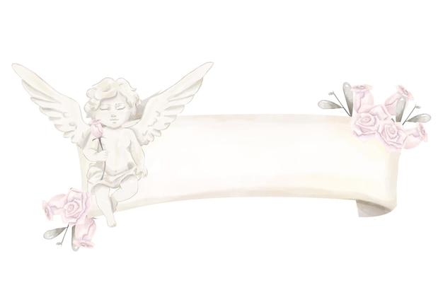 Watercolor Illustration Banner Parchment with Cupid Antique Pink Roses Silver Leaves Valentines