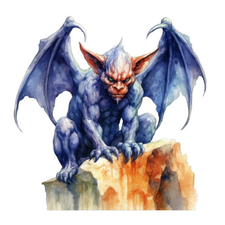 PSD a watercolor illustration of a blue gargoyle with wings