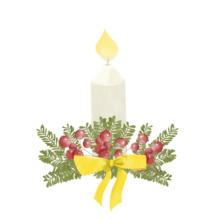 PSD watercolor illustration burning candle with branches and red berries with golden bow
