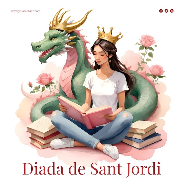 PSD watercolor illustration by diada de sant jordi with dragon and princess reading books