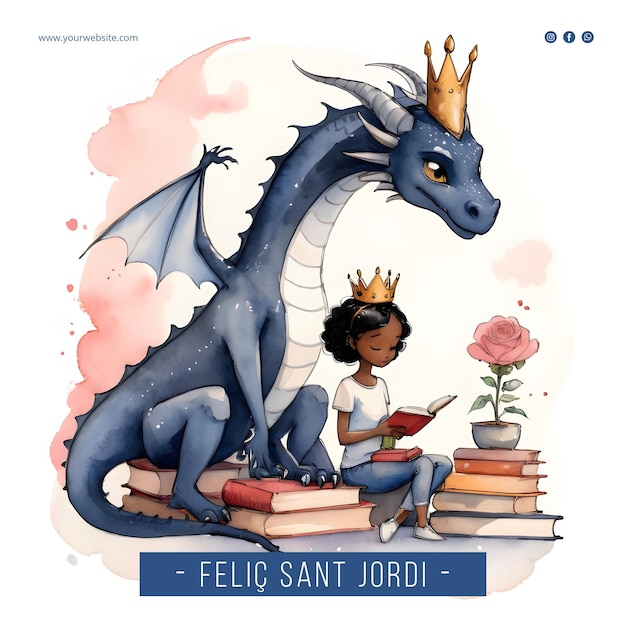 PSD illustrazione ad acquerello di diada de sant jordi con drago e principessa che leggono libri