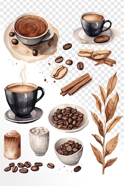 PSD illustrazione ad acquerello degli elementi del caffè