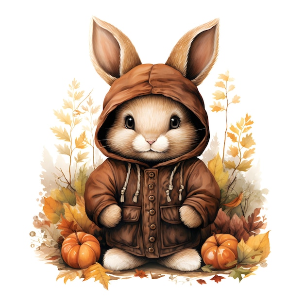 秋の葉が付いた暖かいジャケットを着た可愛い小さなウサギの水彩画