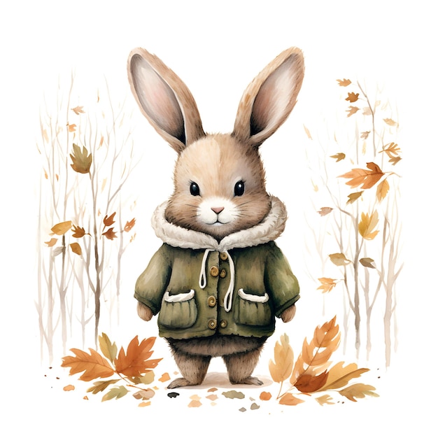 PSD watercolor illustration of a cute little rabbit in a warm jacket with autumn leaves