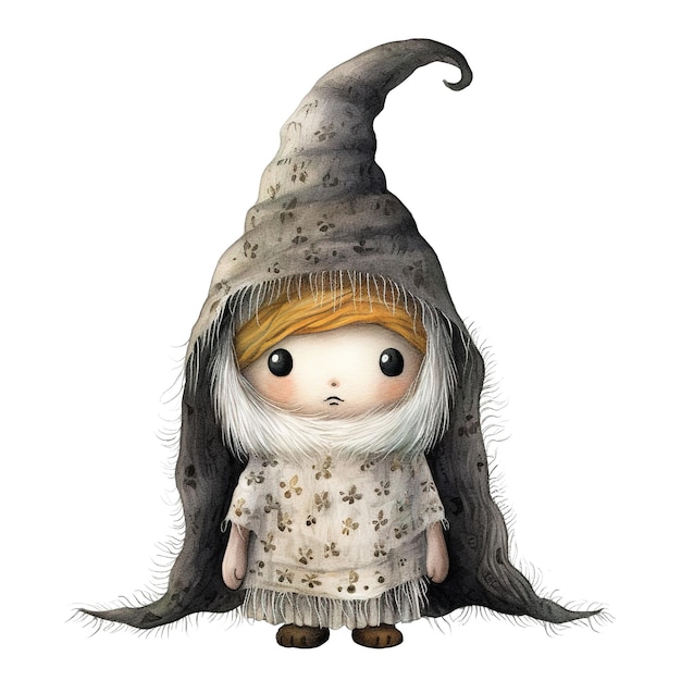 Watercolor illustration of a cute little witch gnome isolated on white background