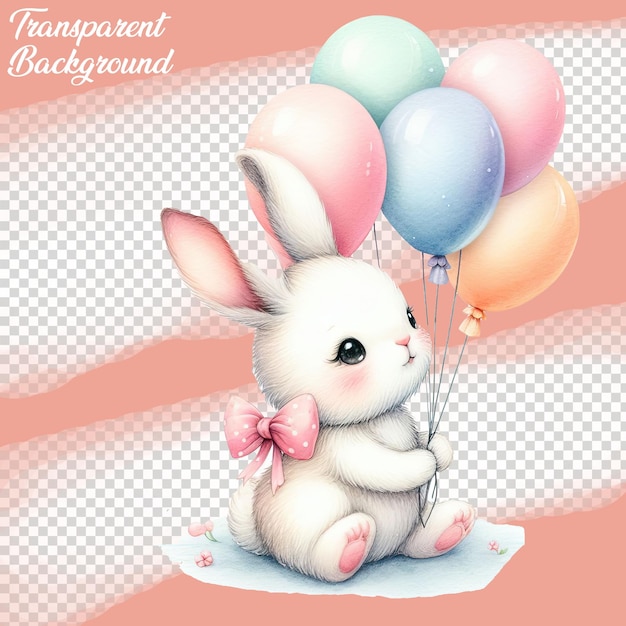 PSD a watercolor illustration of a cute rabbit holding a balloon with pastel colors