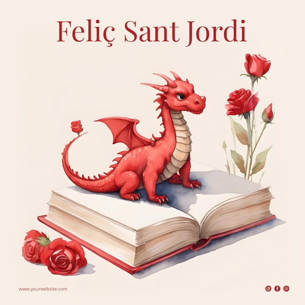 PSD Акварельная иллюстрация диада де сант-жорди с книгой драконов и розами