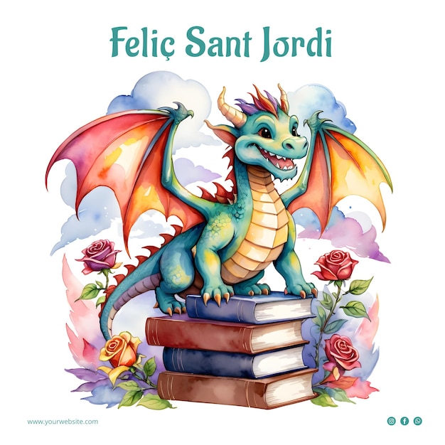 PSD watercolor illustration diada de sant jordi with dragon book and roses