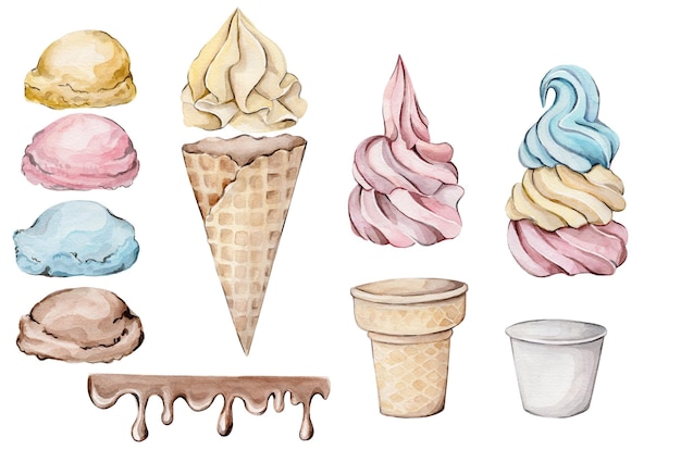 A watercolor illustration of ice creams and ice creams.