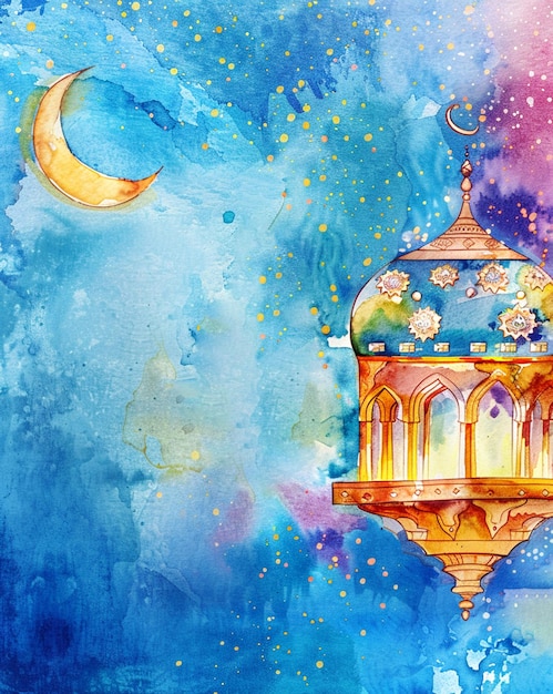 PSD watercolor illustration islamic ramadan kareem or eid al fitr banner style background