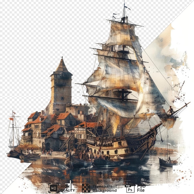 PSD watercolor illustration of a medieval village with people on the background of old ships featuring a small boat a large boat and a white boat