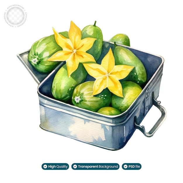 PSD Акварельная иллюстрация коробки, переполненной пухлыми звездчатыми фруктами