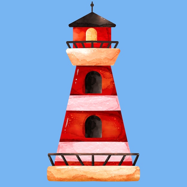 Watercolor illustration of a stand alone red lighthouse building