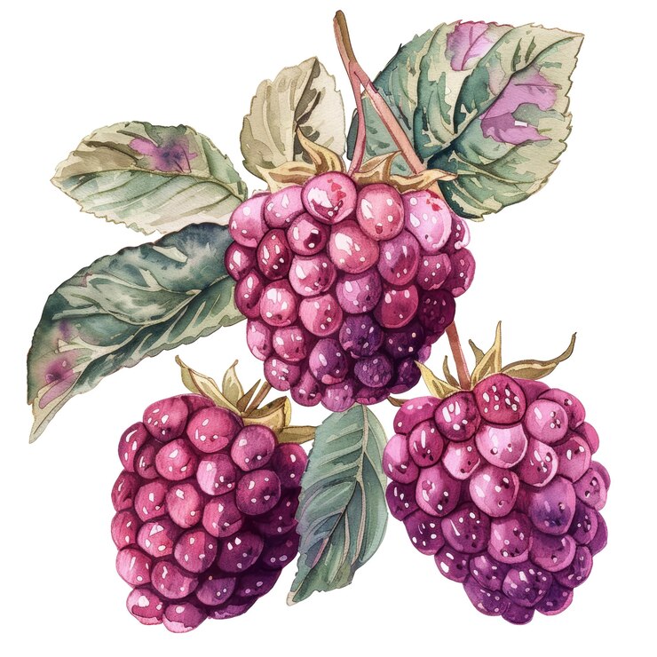 PSD watercolor illustration of ripe blackberries with lush green leaves