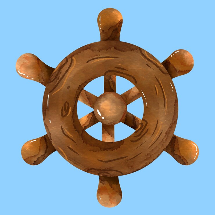 PSD watercolor illustration of round wooden steering wheel ocean liner