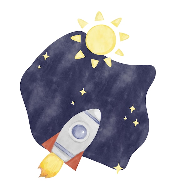 watercolor illustration spaceship night starry sky and bright yellow sun for print textile
