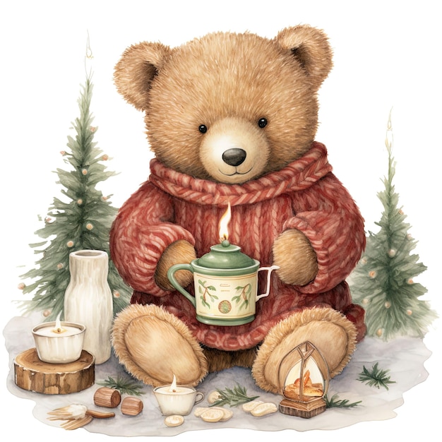 PSD watercolor illustration of a teddy bear in a warm knitted sweater