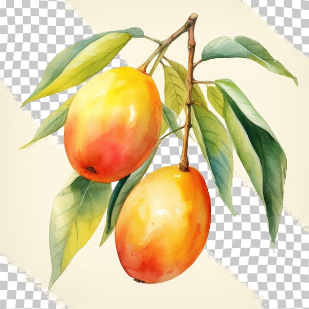 PSD watercolor illustration of three mangoes on a transparent background