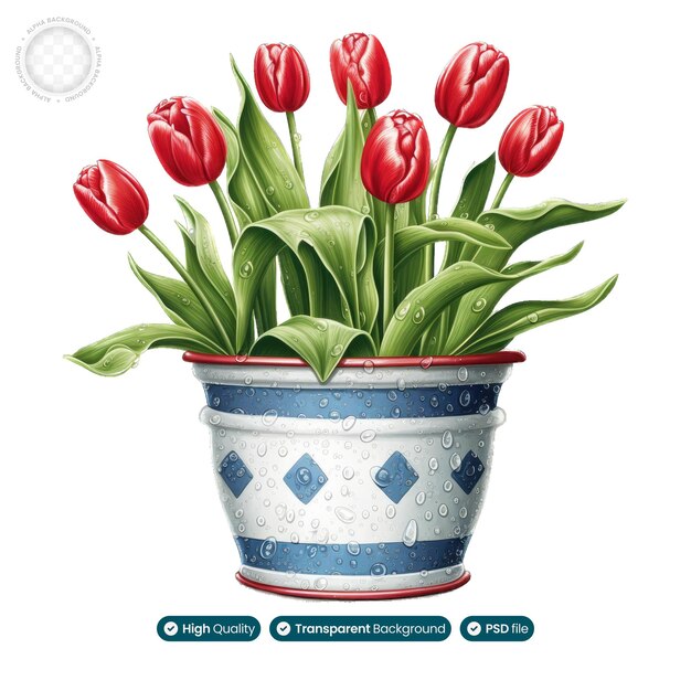 PSD watercolor illustration of a tulip flower pot