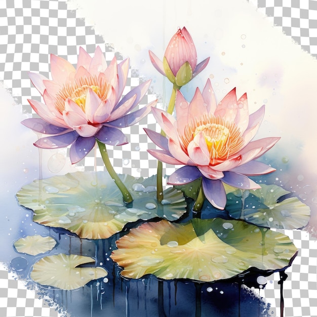 PSD watercolor illustration of water lilies with dew drops on transparent background