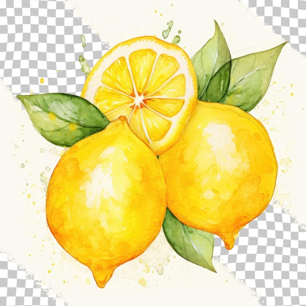 PSD watercolor illustration of yellow lemons isolated in a citrus style transparent background