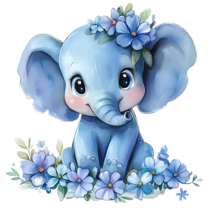 PSD watercolor illustrations of adorable cute elephants with flower frames