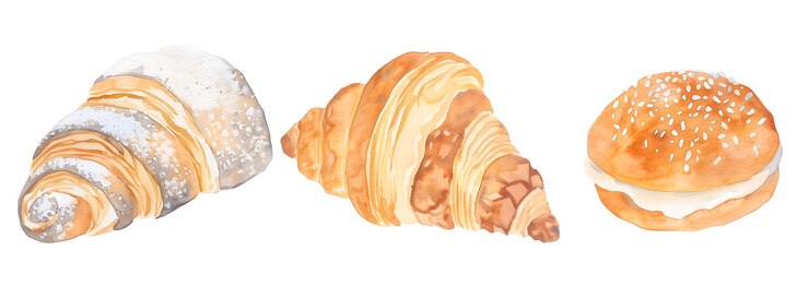 PSD ベリー・クロワッサンとホイップ・クリーム・デザートの美味しいペーストの水彩画