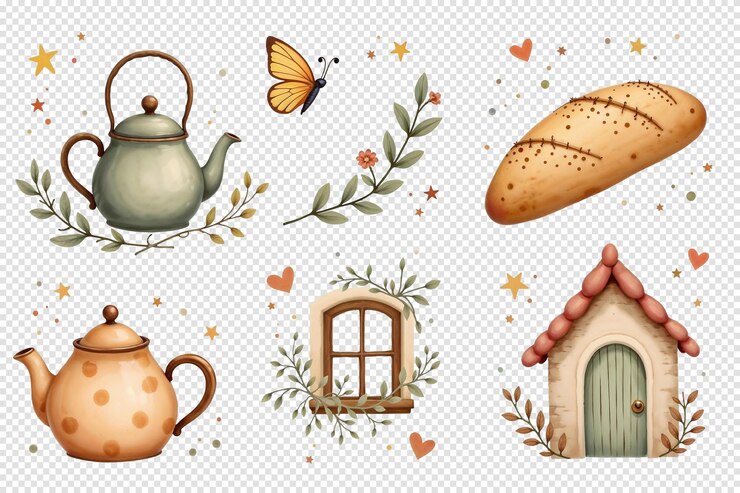 PSD watercolor illustrations of tea pots bread a butterfly a window and a cottage