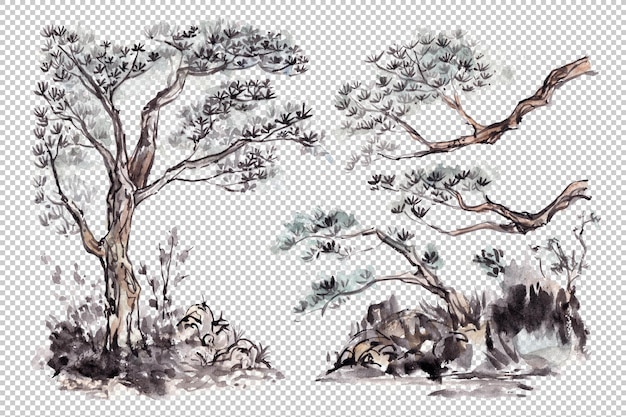 나무 와 가지 들 의 수채화 와 잉크 그림 을 밝은 색 으로 는 것