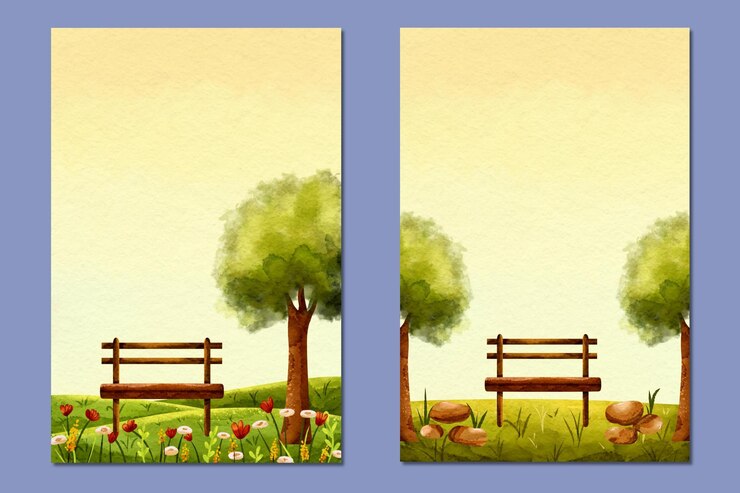 PSD watercolor invitation card background with garden and tree illustrations and wooden benches