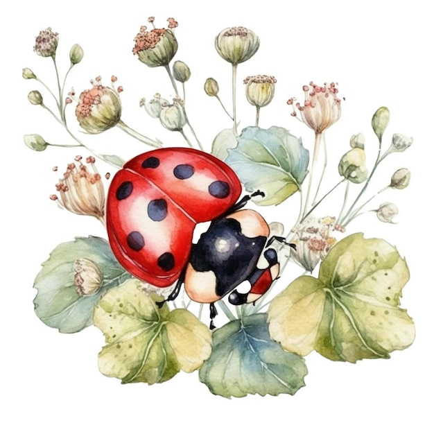 PSD watercolor ladybug on a white background.