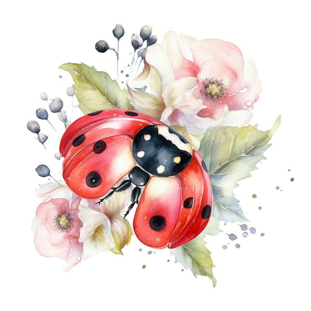 PSD a watercolor ladybug with flowers and berries.