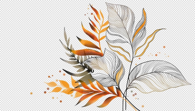 PSD watercolor line art leaves botanical design elements isolated