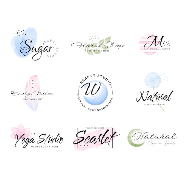 PSD watercolor logo set wedding logo set a initial beauty logo