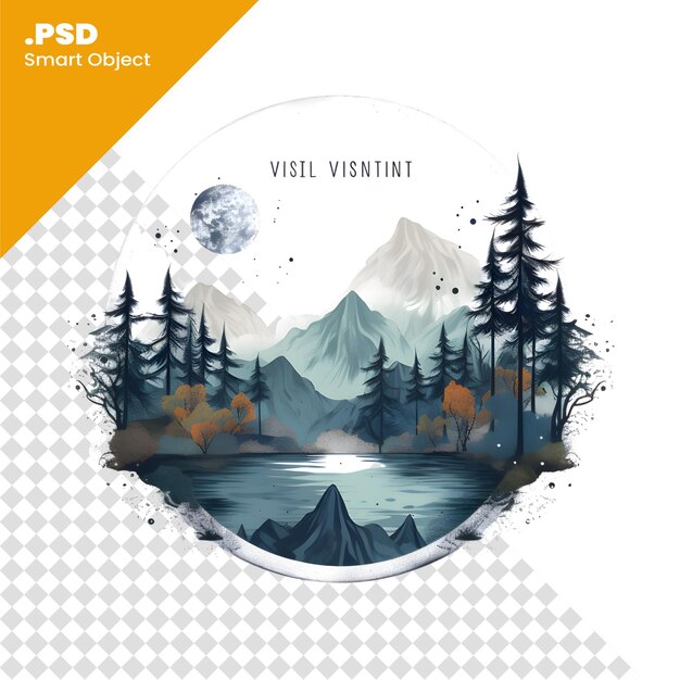 PSD paesaggio di montagna ad acquerello con bosco, lago e montagne modello psd di illustrazione vettoriale