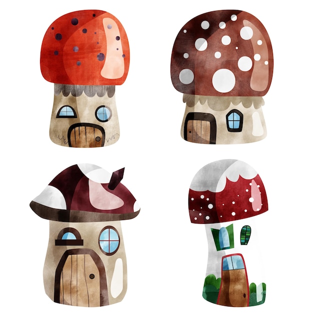 Watercolor Mushroom Houses in a Whimsical Forest