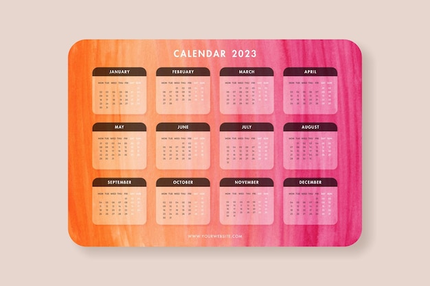 PSD modello di disegno del calendario 2023 arancione e rosa dell'acquerello