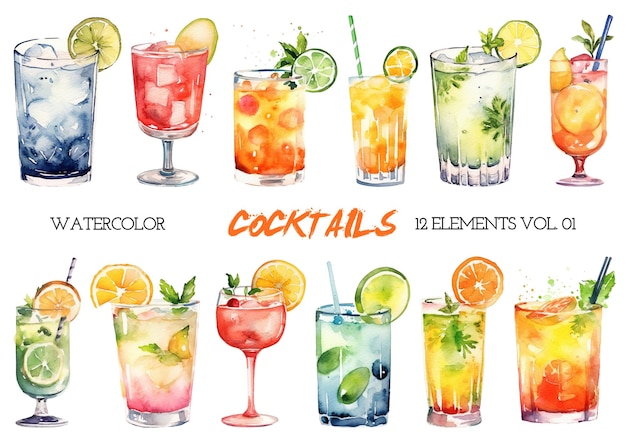 PSD watercolor painted cocktails clipart hand drawn design elements isolated on white background