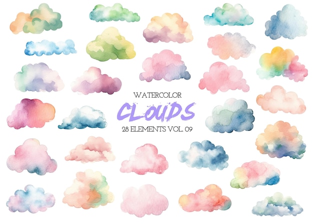 Watercolor painted colorful clouds hand drawn design elements isolated on white background