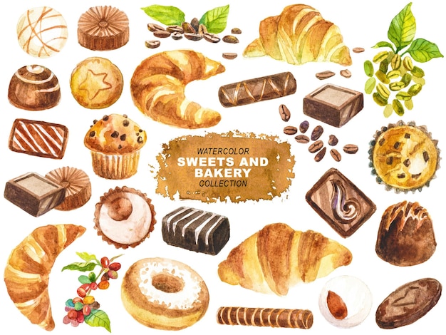 watercolor painted sweets and bakery clipart hand drawn elements isolated on transparent background