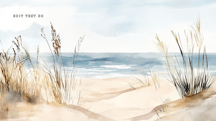 PSD watercolor painting of beach scene with seagrass and sand dunes